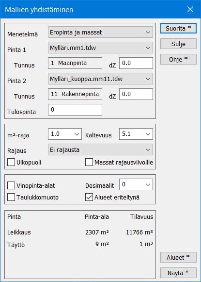Tämä sama tunnus lisätään tiedoston loppuliitteeseen (esimerkiksi *.mm0). Leikkaus ilmoittaa leikkausmassoista pinta-alan ja tilavuuden.
