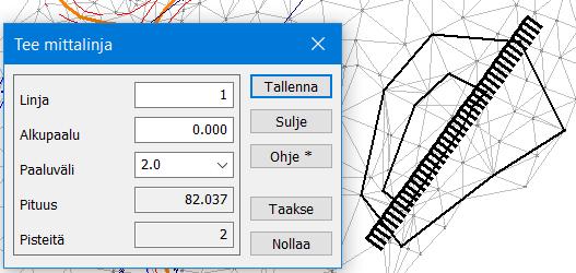Käytetään samoja maastomallitiedostoja kuin edellä. Valitse Maastomalli Mittalinja Tee.