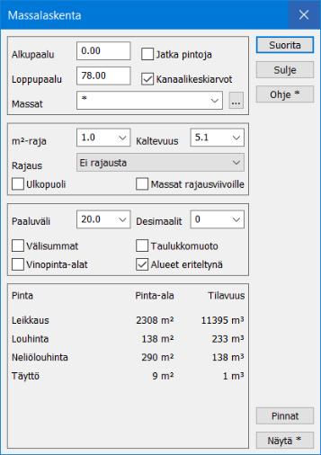 Paina dialogista Pinnat ja aseta arvot allaolevan mukaisesti. Valitse vielä Jatka pintoja -asetus ja a laske massat uudestaan.
