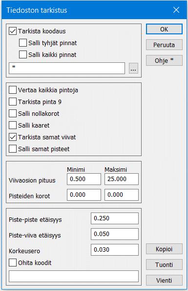 Tiedoston tarkistuksen Asetuksilla määrätään mitä virheitä haetaan ja annetaan raja-arvot virheille. Tarkista koodaus Tarkistaa koodit ja pintatunnukset, joita ei löydy kooditiedostosta.