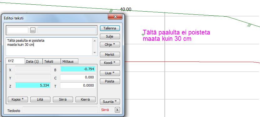6.2.3 Tekstit Editoi teksti Toiminnolla voidaan editoida, lisätä ja poistaa tekstejä poikkileikkauksista. Valitse dialogista Uusi.