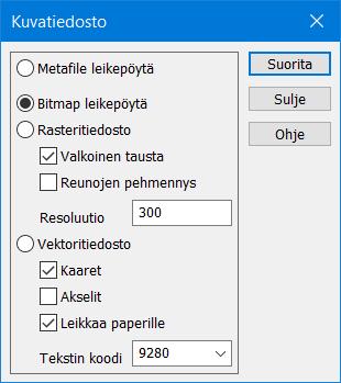 Kuvatiedosto Kuvatiedoston avulla saa tulostettua näköiskuvan näytöstä kaikkine aiheineen joko rasteritiedostoon, leikepöydälle tai vektoritiedostoon vietäväksi muihin ohjelmistoihin halutussa