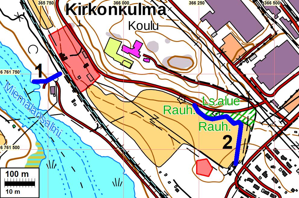 3 Kartta Arkeologin valvonnassa kaivetut maakaapelilinjat (1-2) sinisellä.