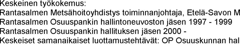 17 Ville Sopanen Rantasalmi (17.4.2018 saakka) Arto Tilaeus * Hallitus Puheenjohtaja s. 1955 Koulutus: agrologi Kotipaikka: Rantasalmi Varapuheenjohtaja s.