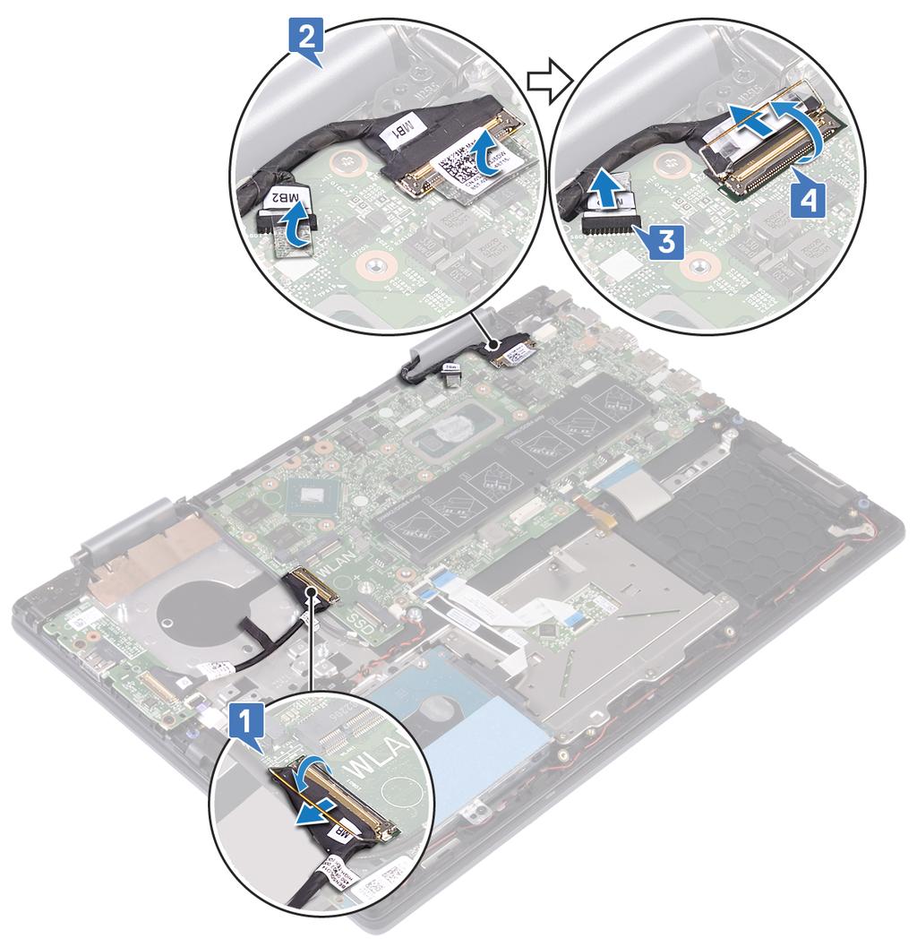 5 Irrota verkkolaiteliittimen kaapeli emolevystä. 6 Irrota kaksi ruuvia (M2x3), joilla USB Type-C -portin kiinnike kiinnittyy emolevyyn ja kämmentukikokoonpanoon.