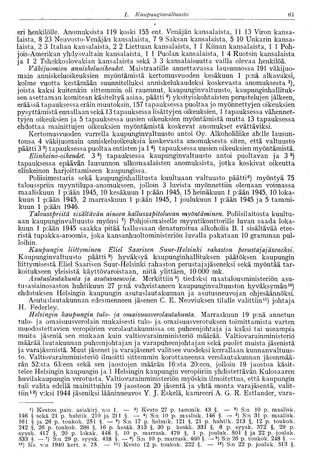 61 1. Kaupungin valtuusto eri henkilölle. Anomuksista 119 koski 155 ent.