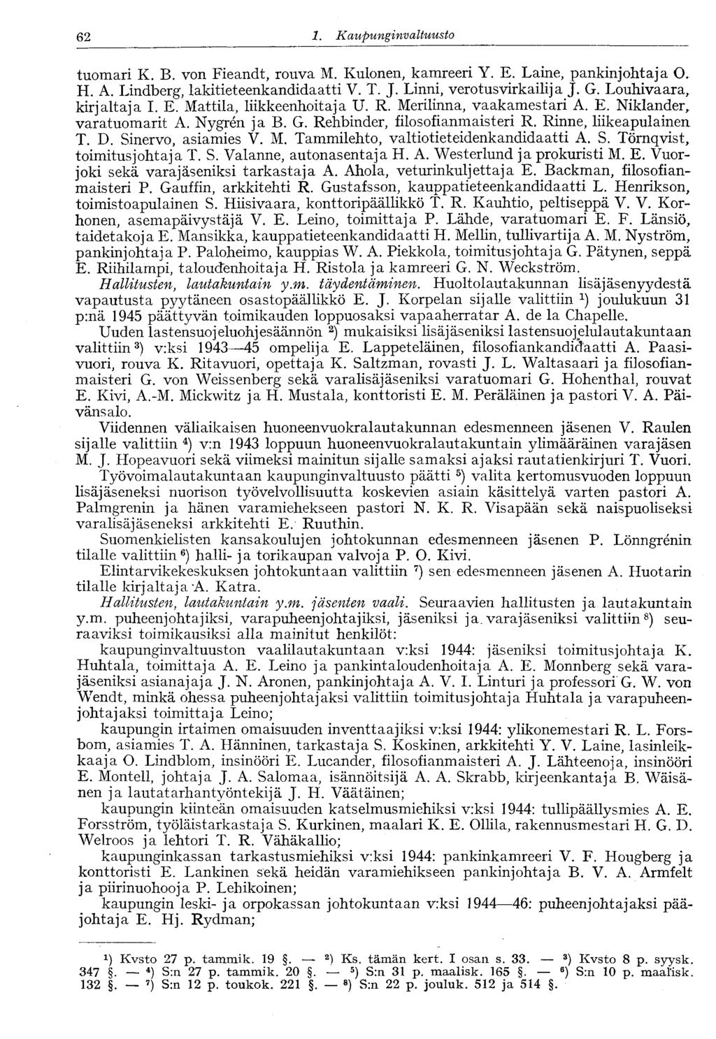 62 1. Kaupungin valtuusto tuomari K. B. von Fieandt, rouva M. Kulonen, kamreeri Y. E. Laine, pankinjohtaja O. H. A. Lindberg, lakitieteenkandidaatti V. T. J. Linni, verotusvirkailija J. G.