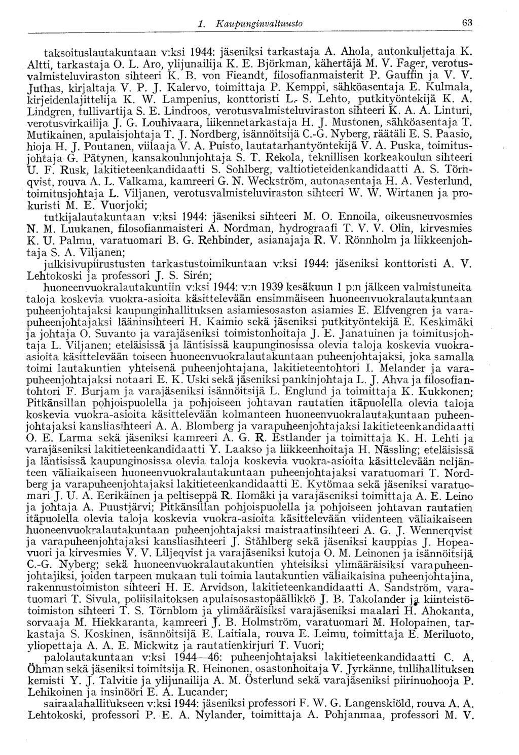 63 1. Kaupungin valtuusto taksoituslautakuntaan v:ksi 1944: jäseniksi tarkastaja A. Ahola, autonkuljettaja K. Altti, tarkastaja O. L. Aro, ylijunailija K. E. Björkman, kähertäjä M. V.