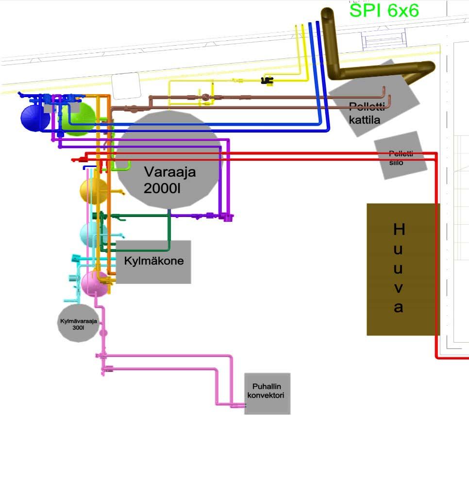 23 5 LAITTEIDEN SIJOITTELU Suunnitelman tekijä suoritti AutoCAD- ja MagiCAD-ohjelmilla mallinnuksen laitteista ja putkituksista.