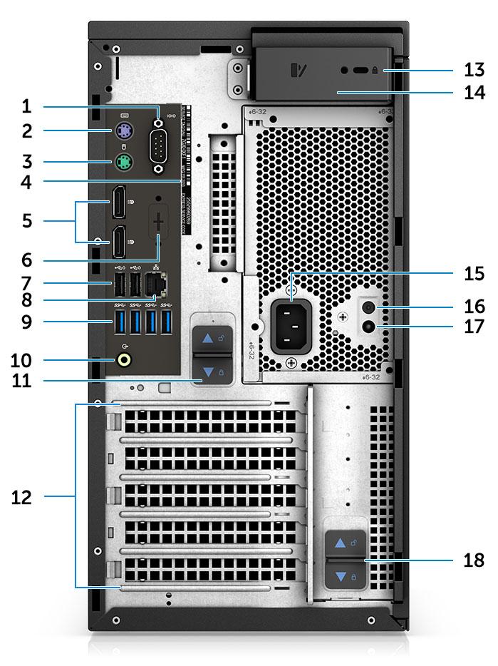 Näkymä takaa 1 Sarjaportti 2 PS2-portti (näppäimistö) 3 PS2-portti (hiiri) 4 Huoltomerkki 5 DisplayPort x 2 6 Paikka valinnaisille VGA-, DP- ja HDMI-porteille ja C- tyyppisille emolevyille 7 Kaksi