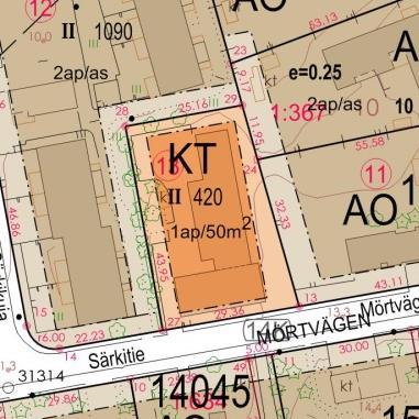 vaihtelevat e=0.25 ja e=0.35 välillä. Kaavamuutosalueella sijaitsee yksikerroksinen vuonna 1957 valmistunut rakennus, joka on kerrosalaltaan 414 m 2 kokoinen.