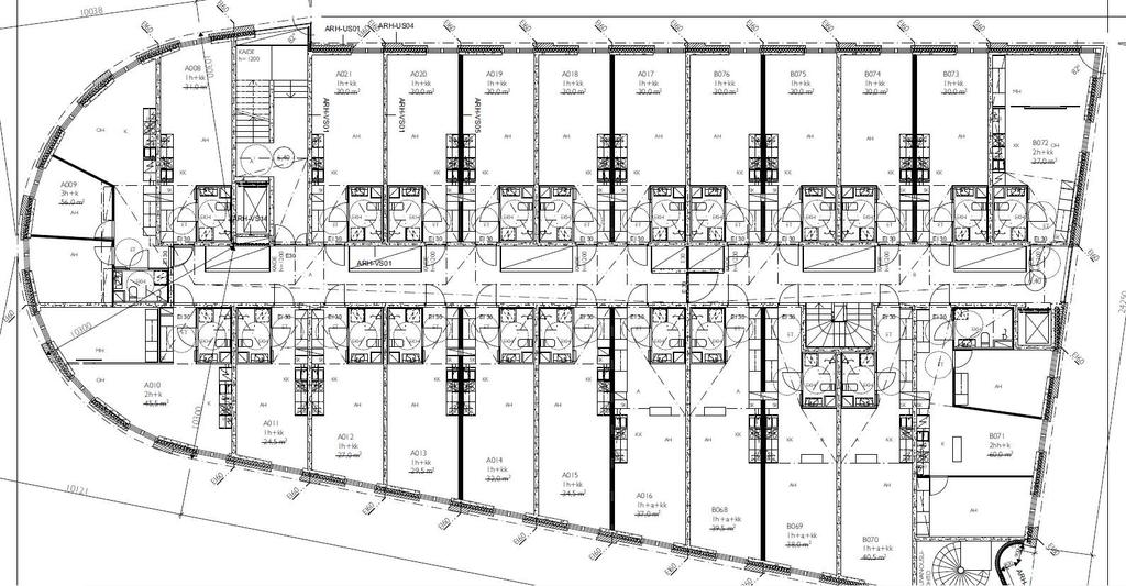 Lohkotus Jako yhdeksään erilaiseen huonetyyppiin: Huone 1: Yksiö, 5 m2 alakatto ja 2x betoniseinä Huone 2: Yksiö, 5 m2 alakatto ja kevyt väliseinä Huone 3: Yksiö, 12m2 alakatto ja kevyt väliseinä