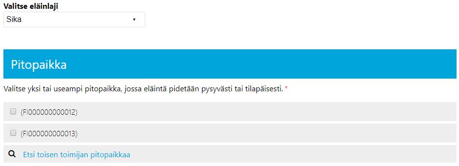 10 Kun eläinlaji on valittu, sovellus näyttää tallentamasi omat pitopaikat. Valitse yksi tai useampi pitopaikka, jossa kyseistä eläinlajia pidät eli johon haluat toiminnan liittää.