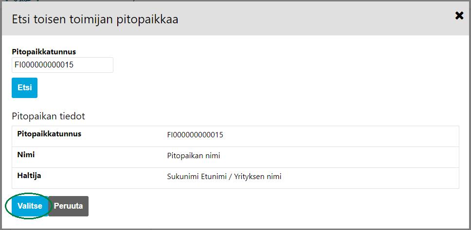 Kirjoita Pitopaikkatunnus-kenttään ja hae paikan tiedot Etsi-painikkeella. Huom! Sovellus ilmoittaa, jos pitopaikan maksimikapasiteetista puuttuu valittu eläinlaji.