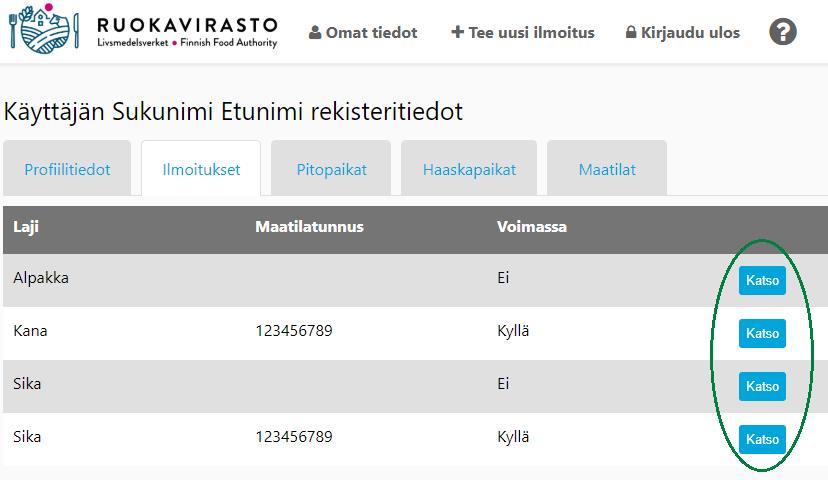 18 3.2 Eläintenpitoilmoituksen tiedot ja muutosilmoitus Voit tarkastella omia eläintenpitotietojasi valitsemalla päävalikosta Omat tiedot ja siirtymällä rekisteritiedoissasi välilehdelle Ilmoitukset.