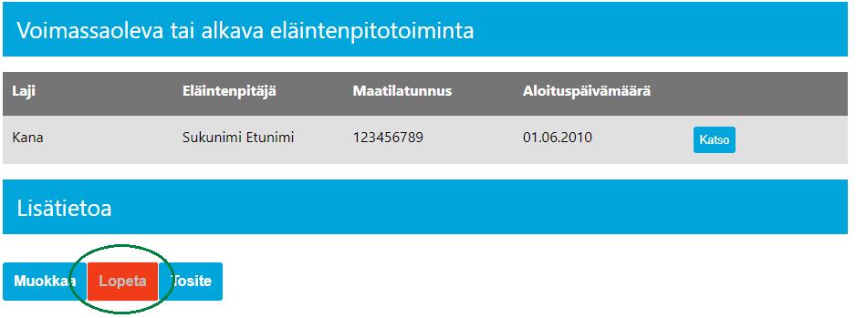 Voit tarvittaessa tulostaa lopetetun pitopaikan tositteen Tosite-painikkeesta. Pitopaikan tiedot -otsikon perässä näytetään Lopetettu. Huom!