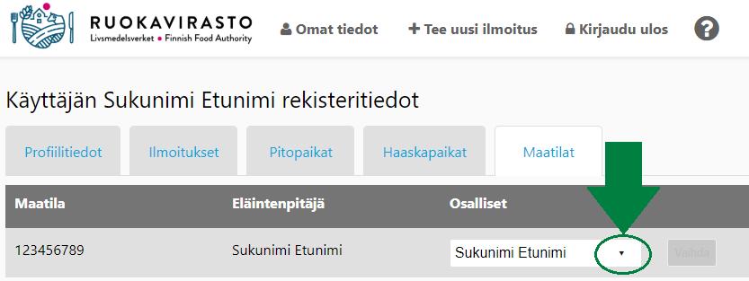 37 Maatilat-välilehdellä näkyy maatilan nykyinen eläintenpitäjä.