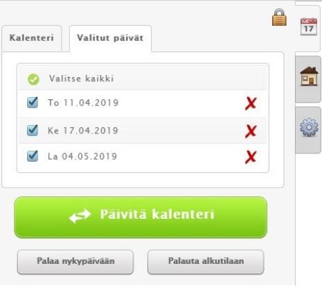 Useamman päivän valitseminen (eri viikoilta) Kalenterille saadaan kerralla valittua useita päiviä ruksaamalla Päivien valinta ja sen jälkeen klikkailemalla päiviä jotka halutaan kalenterille.