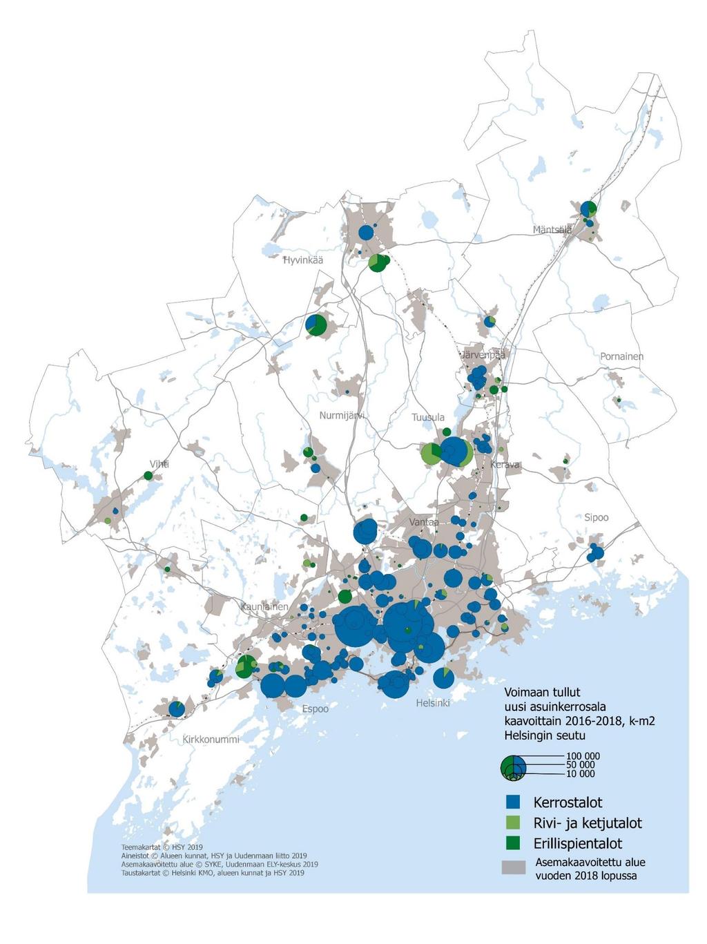 Asemakaavoitus asumiseen, yhdyskuntarakenne Uutta asumiseen asemakaavoitettua kerrosalaa tuli voimaan noin 4,5 miljoonaa kerrosneliömetriä vuosina 2016-2018.