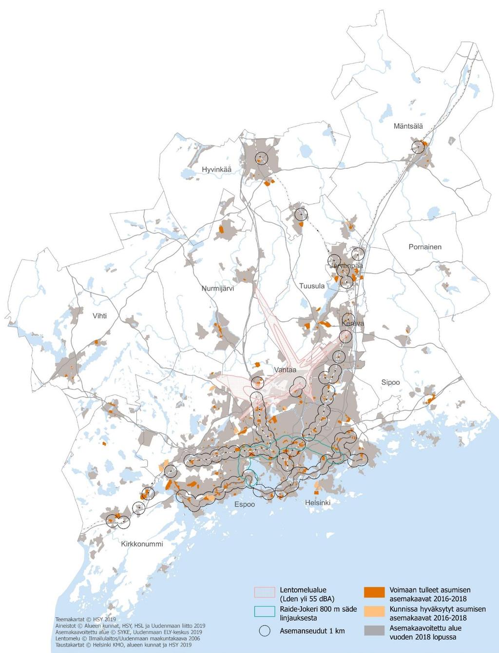 Asemakaavoitus asumiseen, yhdyskuntarakenne Vuosina 2016-2018 kilometrin etäisyydelle raideliikenteen nykyisistä ja rakenteilla olevista asemista sekä Raide-Jokerin linjauksesta valmistui noin 25 000