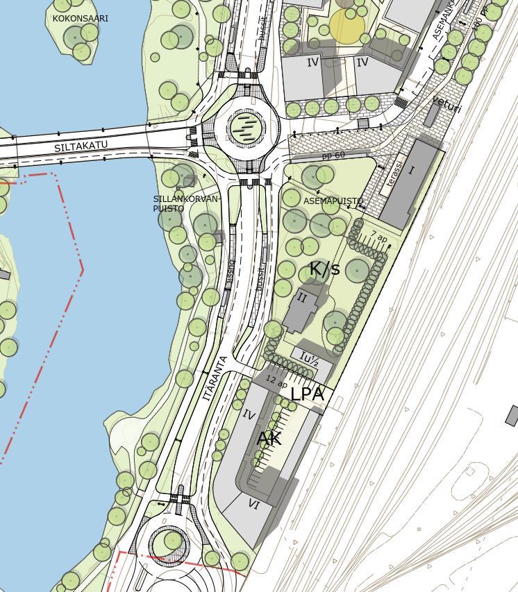 10 Ote asemanseudun yleissuunnitelmasta (Ramboll Finland Oy, 2017). Kaavahankkeen keskeiset muutostarpeet on esitetty kartalla mustalla katkoviivalla.