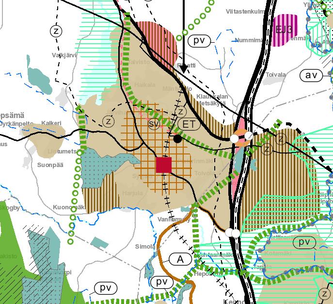 Suunnittelualueella on voimassa Klaukkalan oikeusvaikutteinen osayleiskaava. Suunnittelualueella on käytössä seuraavat merkinnät: C-2, C-3, AK-2, EN-2, M-4, MU-1, P-3 ja V-1.