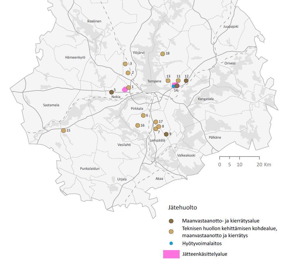 34 Kuva 19. Ote Pirkanmaan maakuntakaavasta 2040, Jätehuolto. Maan vastaanotto- ja kierrätysalueiksi on maakuntakaavaan merkitty jo olemassa olevia alueita sekä täysin uusia alueita.