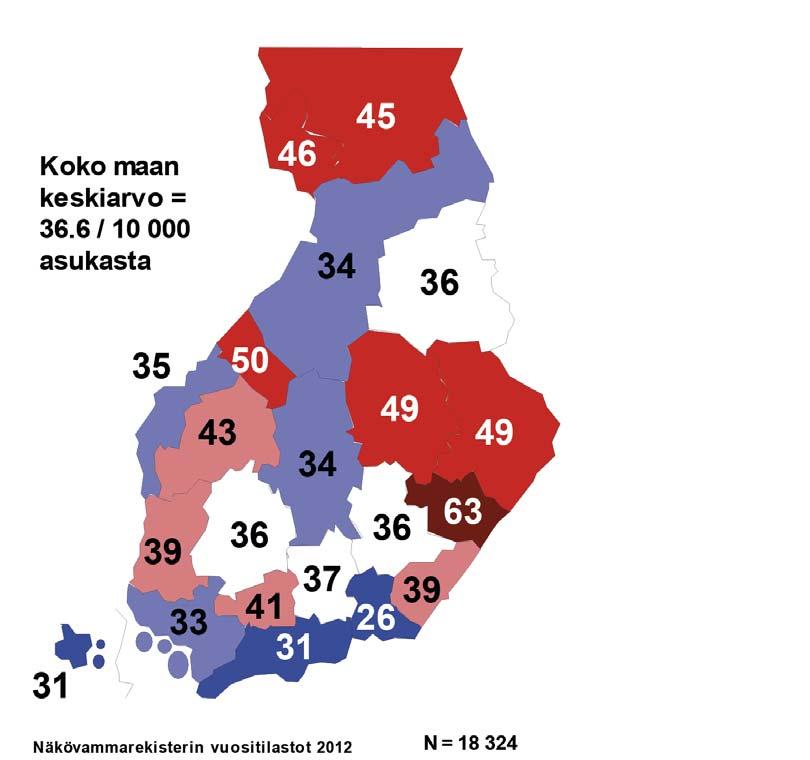 Yksittäisten sairaanhoitopiirien prevalensseissa on suuret erot. Korkein prevalenssi on jo pitkään ollut Itä-Savon shp:ssä (62.8), jossa se on 1.7-kertainen koko maan keskiarvoon nähden.