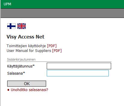 2.1 Ensimmäinen sisäänkirjautuminen Saat Visy Access Net tunnukset kolmessa eri sähköpostiviestissä ja voit kirjautua järjestelmään osoitteessa