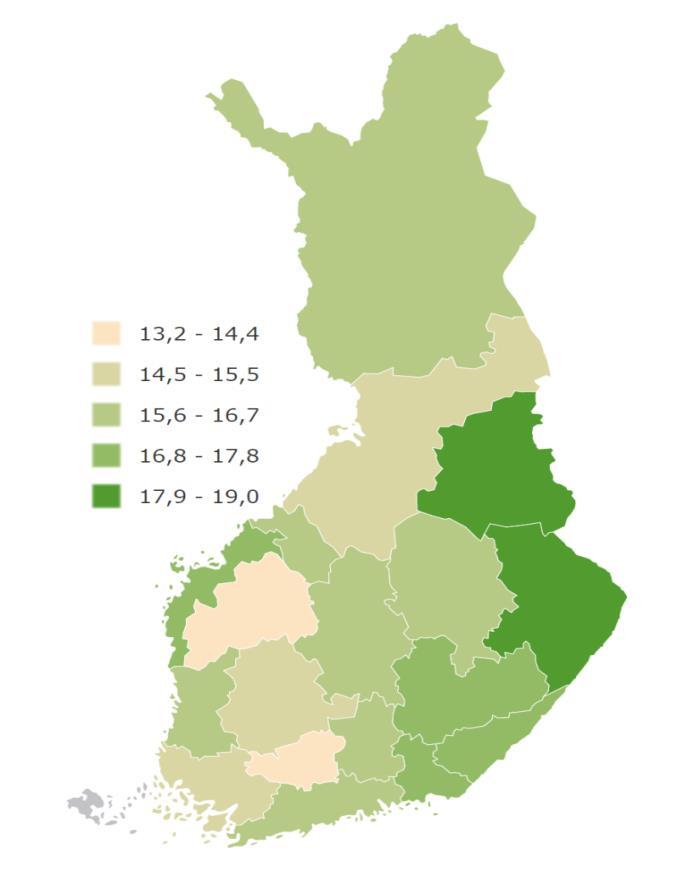 LÄÄKÄRIN VASTAANOTTOPALVELUITA RIITTÄMÄTTÖMÄSTI SAANEIDEN OSUUS, (%) TARVINNEISTA Pohjois-Karjala Kainuu Etelä-Savo Etelä-Karjala Pohjanmaa Kymenlaakso Keski-Pohjanmaa Satakunta Lappi Päijät-Häme