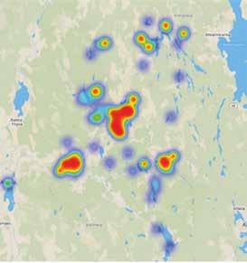 Laajin on keskustan alue Ponnenjärven ympärillä, Tuurin selvästi tiiviimpi alue, itäosassa erottuu Hakojärvi ja pohjoisessa muita hajanaisempi keskittymä, jonka ydin näyttää osuvan Suutalan kohdalle.