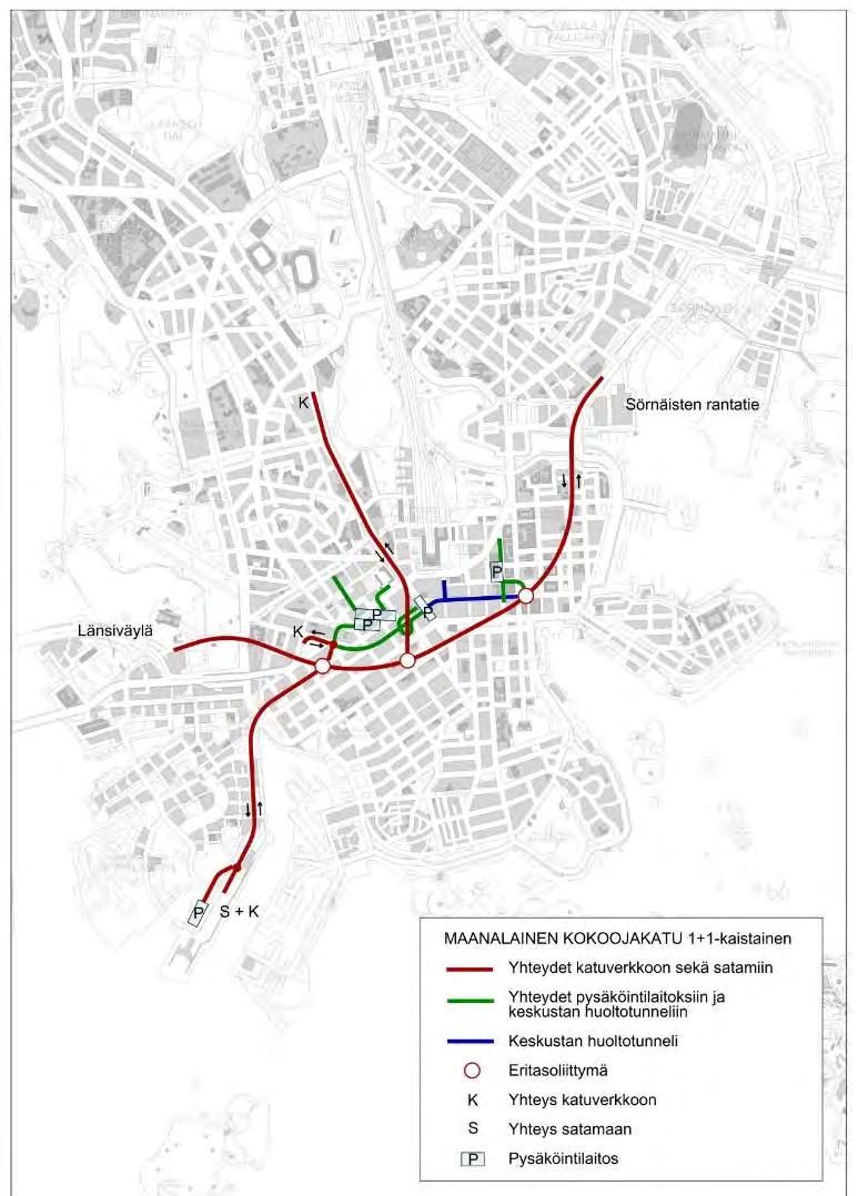 (auto- ja bussiliikenteellä yhteiskaistat) Päätunneli 1+1 kaistainen
