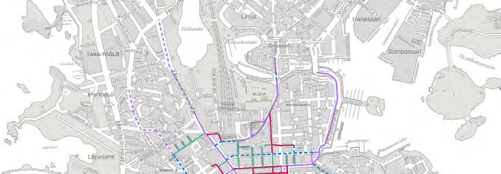 Kävelykeskustan vaihtoehto 1 Molemmat Esplanadit ja Etelärannan pohjoisosa