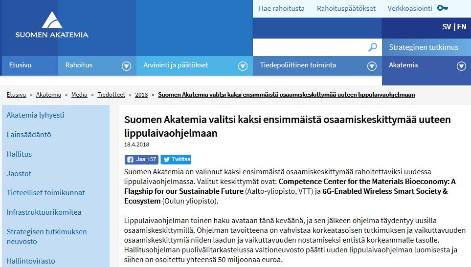 Suomen Akatemialta lippulaivarahoitus