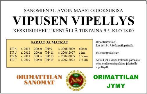 Ti 9.5.2017 31. Vipusen vipellys Tulokset 4-7-vuotiaiden sarjoissa tulokset huomioitu kolmen parhaan osalta. Muut nimet ilmoitetaan siinä järjestyksessä, kun ne ovat pöytäkirjoissa.