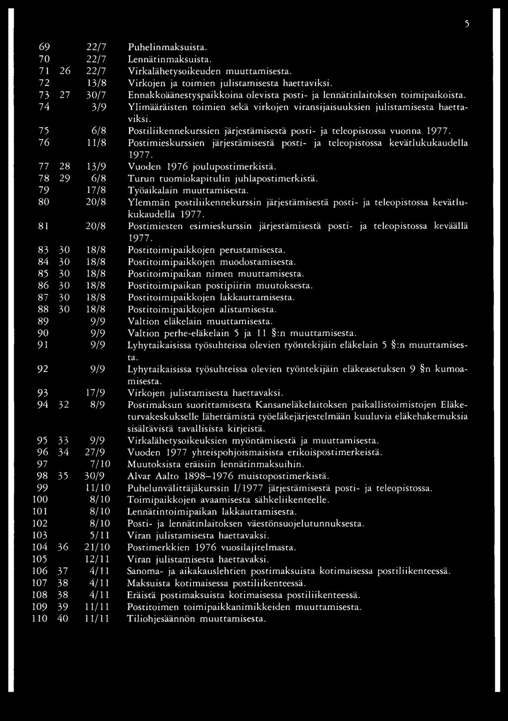 75 6/8 Postiliikennekurssien järjestämisestä posti- ja teleopistossa vuonna 1977. 76 11/8 Postimieskurssien järjestämisestä posti- ja teleopistossa kevätlukukaudella 1977.