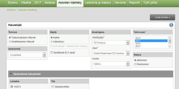 Listan kaikista ELY-keskuksessa tallennetuista 102 CV-lomakkeista näet Asioiden käsittelystä ELY-keskuksen tallentamat 102 CV-lomakkeet Pysyvästi viljelemättömäksi todettu ala ja aiemmat vuodet Jos