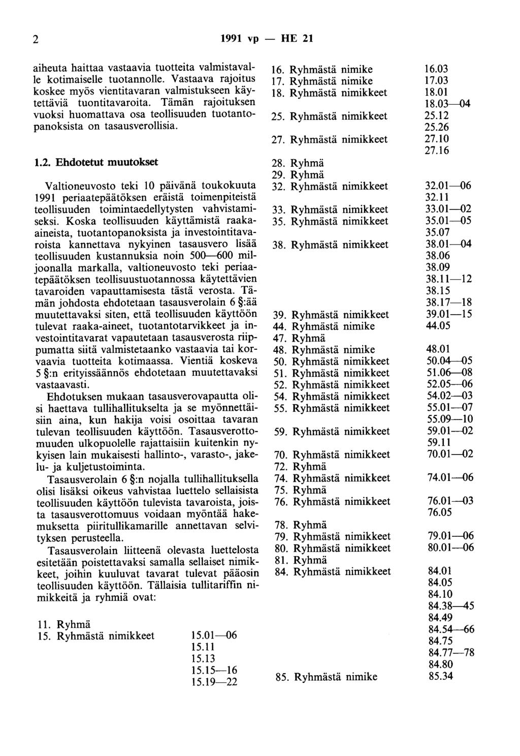 2 1991 vp - HE 21 aiheuta haittaa vastaavia tuotteita valmistavalle kotimaiselle tuotannolle. Vastaava rajoitus koskee myös vientitavaran valmistukseen käytettäviä tuontitavaroita.