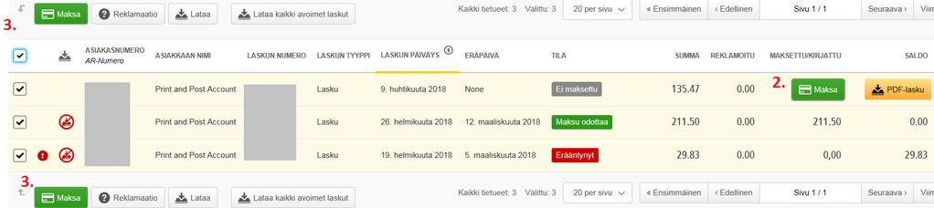 Useat laskut kerralla. 1. Maksa -painikkeen kautta 2. Maksa vain yksi lasku 3.
