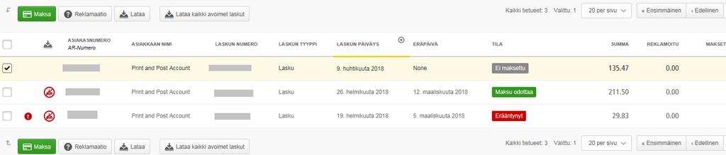 LUO MUOKATTU CSV-POHJA Etusivulla, valitse ne laskut, joiden sisällön haluat muuttaa csv-muotoon.