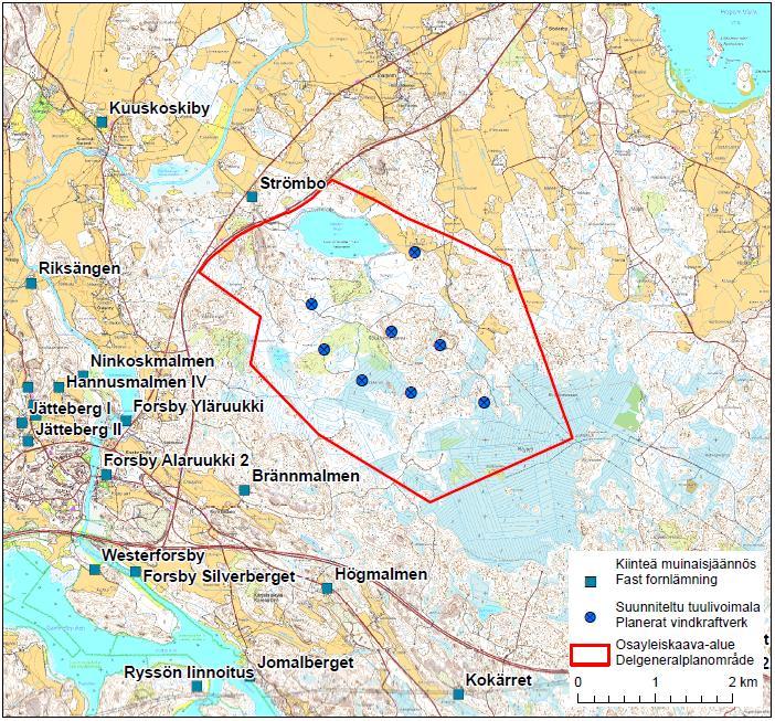 Tetomin tuulivoimahankkeen maisema- ja kulttuuriympäristöselvitys 13 Kuva 8. Tuulivoima-alueen ympäristössä sijaitsevat tunnetut muinaisjäännökset. 1.4 Vaikutukset maisemaan ja kulttuuriympäristöön 1.
