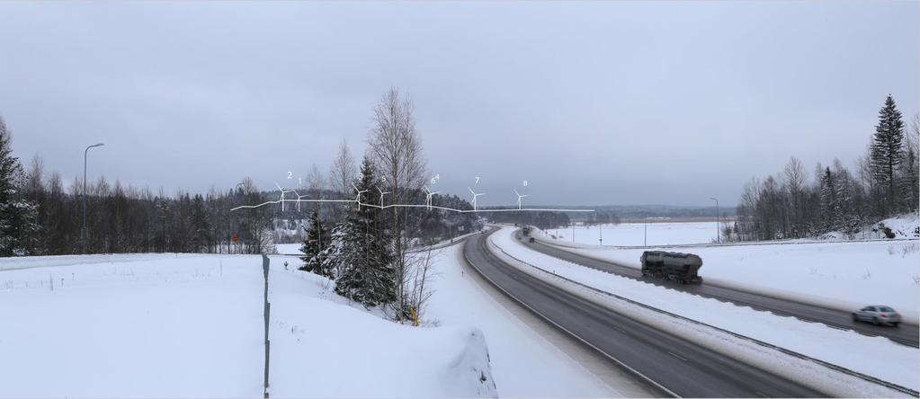 Alueella Porvoontietä idän suuntaan liikuttaessa tienäkymässä tuulivoimaloita voi näkyä kohtisuoraan kulkusuuntaan nähden (Kuva 18; Liite 2, kuvasovite 8), mutta vain avoimimmalla kohtaa peltoaluetta.