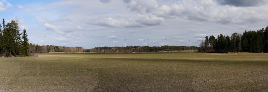 Tetomin tuulivoimahankkeen maisema- ja kulttuuriympäristöselvitys 24 Kuva 22. Kuvasovite Tervikin kartanoalueelta Vanhankyläntieltä. Etäisyys lähimpään tuulivoimalaan 7,0 kilometriä.