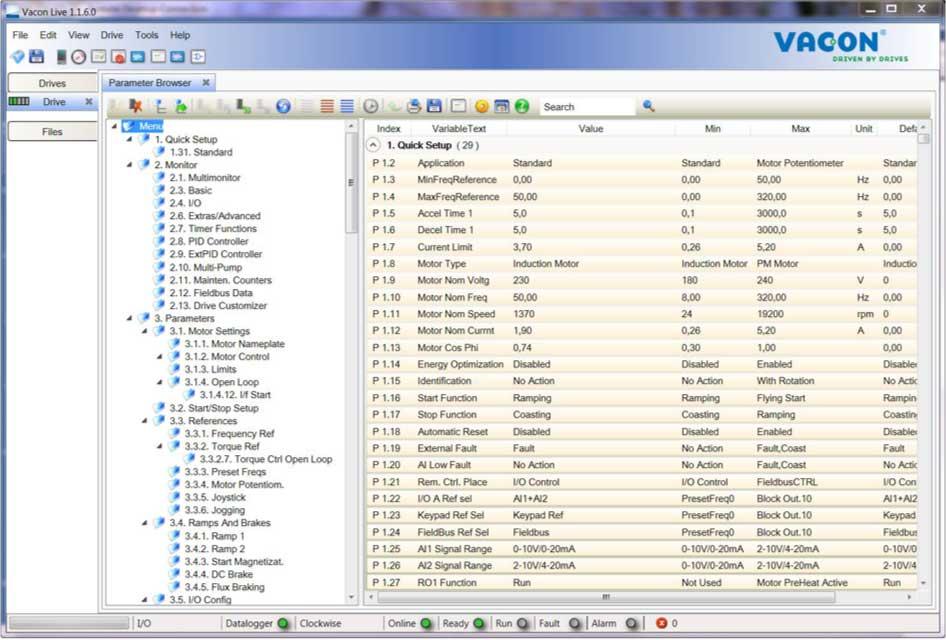 KÄYTTÖLIITTYMÄT VACON 85 3.5 VACON LIVE VACON Live on VACON 10-, VACON 20- ja VACON 100 taajuusmuuttajien tuoteperheen käyttöönottoon ja huoltoon tarkoitettu PC-työkalu.