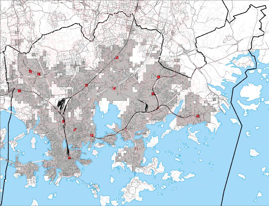 Autovyöhyke, liike- ja palvelukeskukset (C1), 2 min Harmaat alueet kuvaavat 2 minuutin autoetäisyyttä  Asukkaita: Asukkaita: 31.12.216: 498 636 31.3.219: 511 324 31.12.216: 61 19 31.