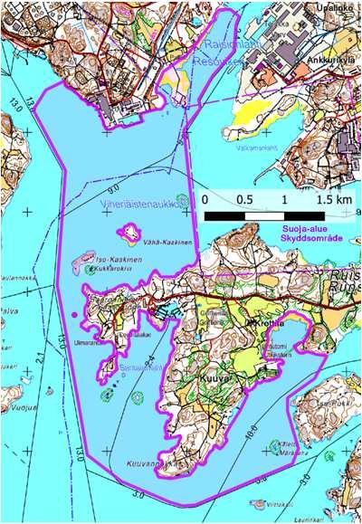 Pohjakartta MML 4/2014. Raisio-Turku, Kukonpään-Ruissalon vesialue: 110146 (110076); 810 ha Sisäsaariston vesialue, jolle kerääntyy vesilintuja.