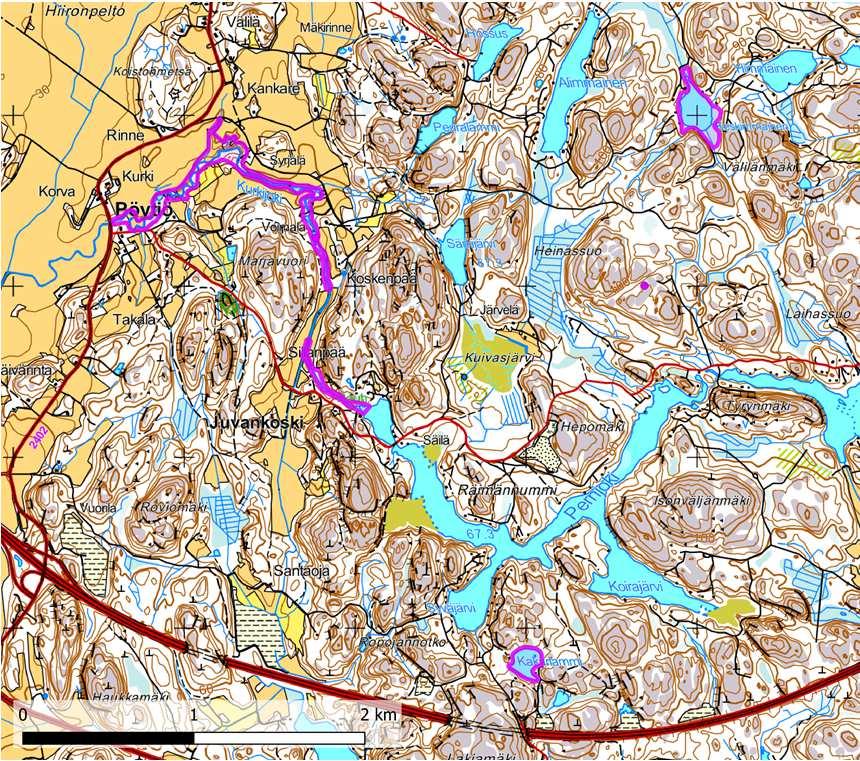 Kartta 52. Kurkijoen koskien ja Kurkijoen valuma-alueen kaakkurilampien MAALI-rajaukset. Pohjakartta MML 2/2015.