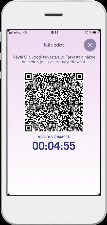 QR-koodin käyttö Asiakas päättää, mitä tietoa hän jakaa tarkastajalle ja luo sovelluksella QR-koodin.