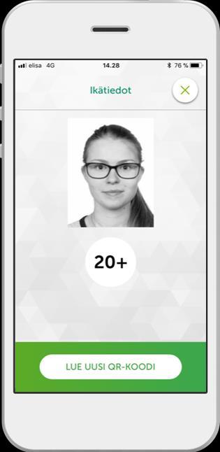 taustajärjestelmistä. Asiakas valitsee näytettävät tiedot. QR-koodi näkyy asiakkaan puhelimessa.