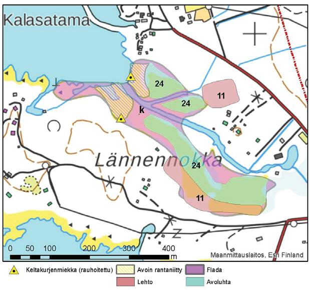 20 4.5.11 Lännennokan pohjoispuolinen umpeen kasvanut flada (k) Nimi Arvo Lännennokka Muuttunut kohde umpeenkasvanut flada. Muuttunut rantaniitty. Kuva 4-12. Lännennokan alueen kohteet.